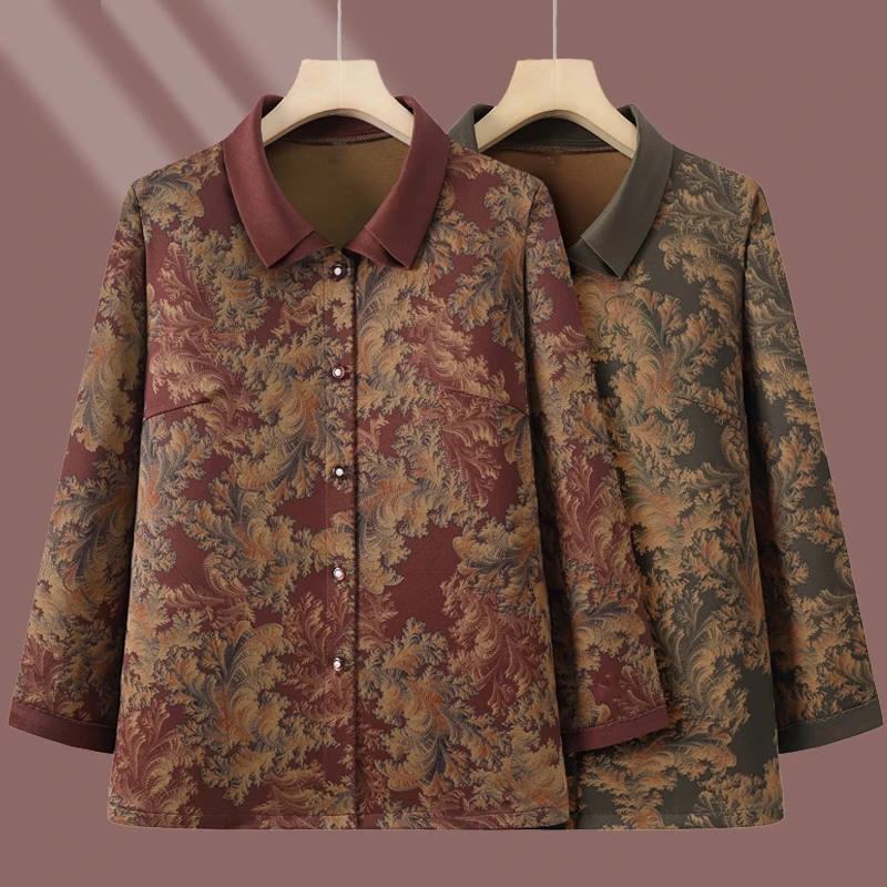 中老年夏新款女装妈妈洋气设计感翻领单排扣外套奶奶装中老年印花