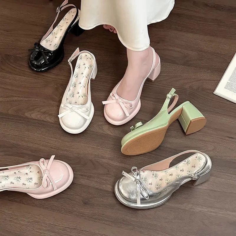 仙女风蝴蝶结粗跟单鞋女外穿2025夏新款法式配裙子包头高跟凉拖鞋