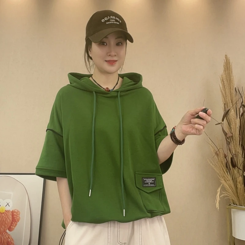 3588#休闲百搭夏季显瘦时尚宽松韩版洋气连帽T恤抽绳纯色