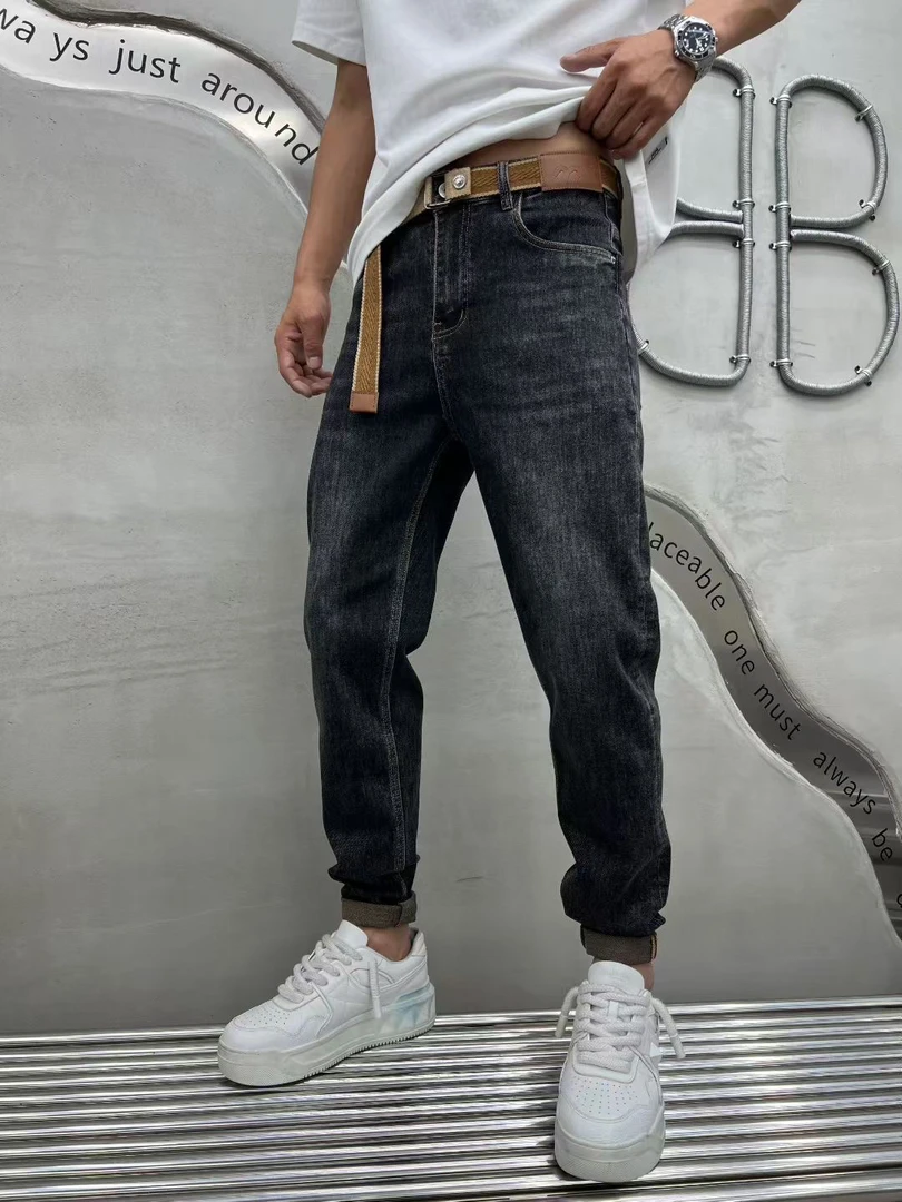 男士秋季新款宽松小脚牛仔裤男朋克微弹力牛仔裤修身潮流休闲裤