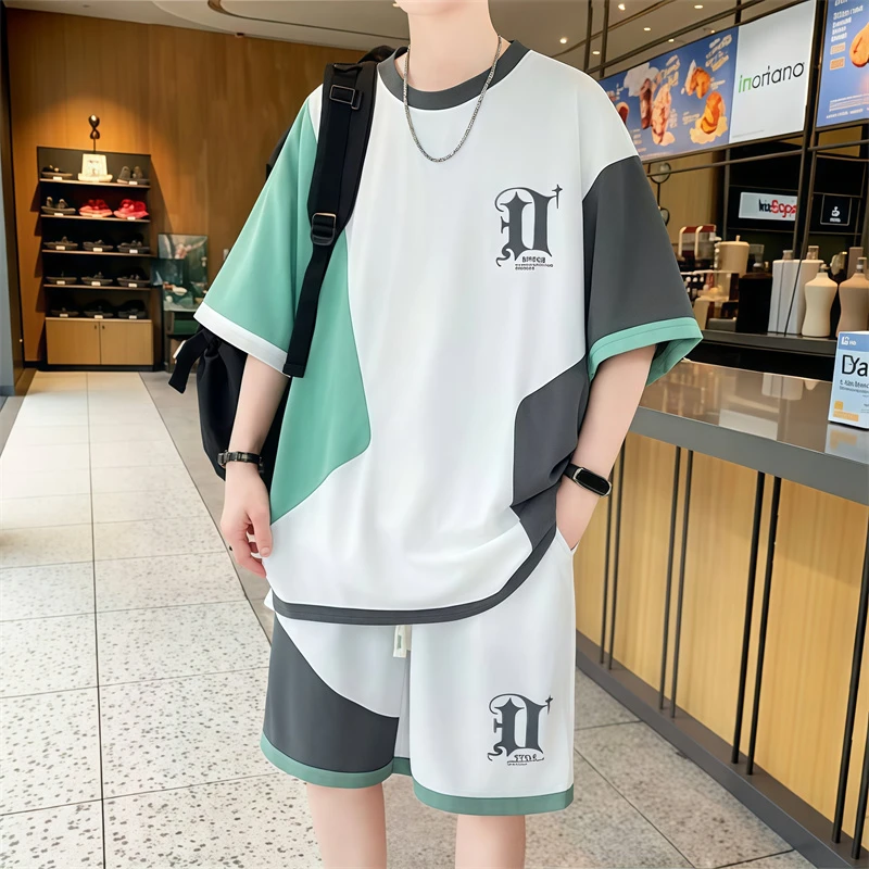 夏季潮流拼色短袖套装男休闲运动大码宽松百搭t恤短裤帅气两件套