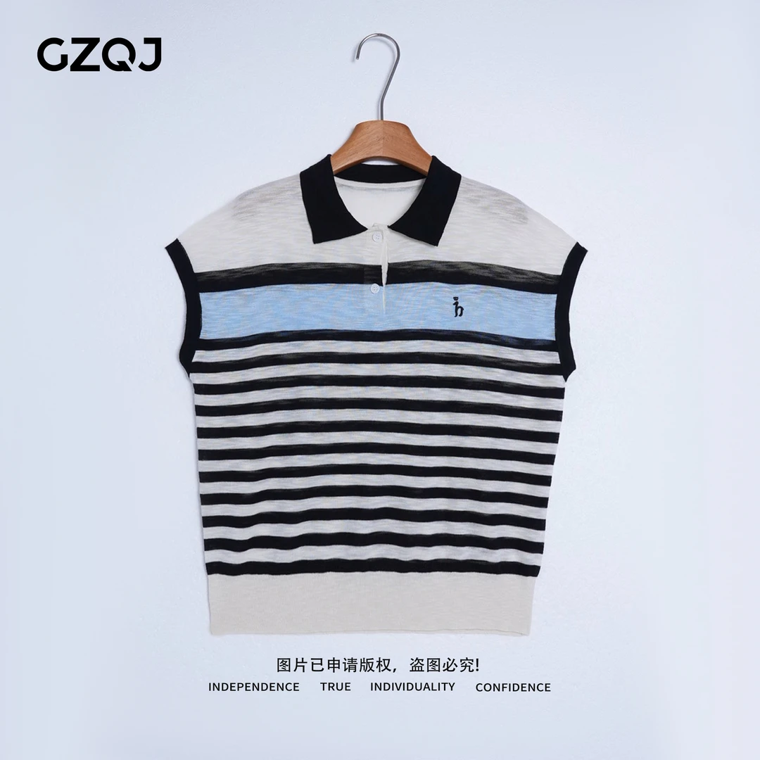 老琴私服【元气条纹】欧若风高级配色条纹翻领短袖针织T恤女夏3337