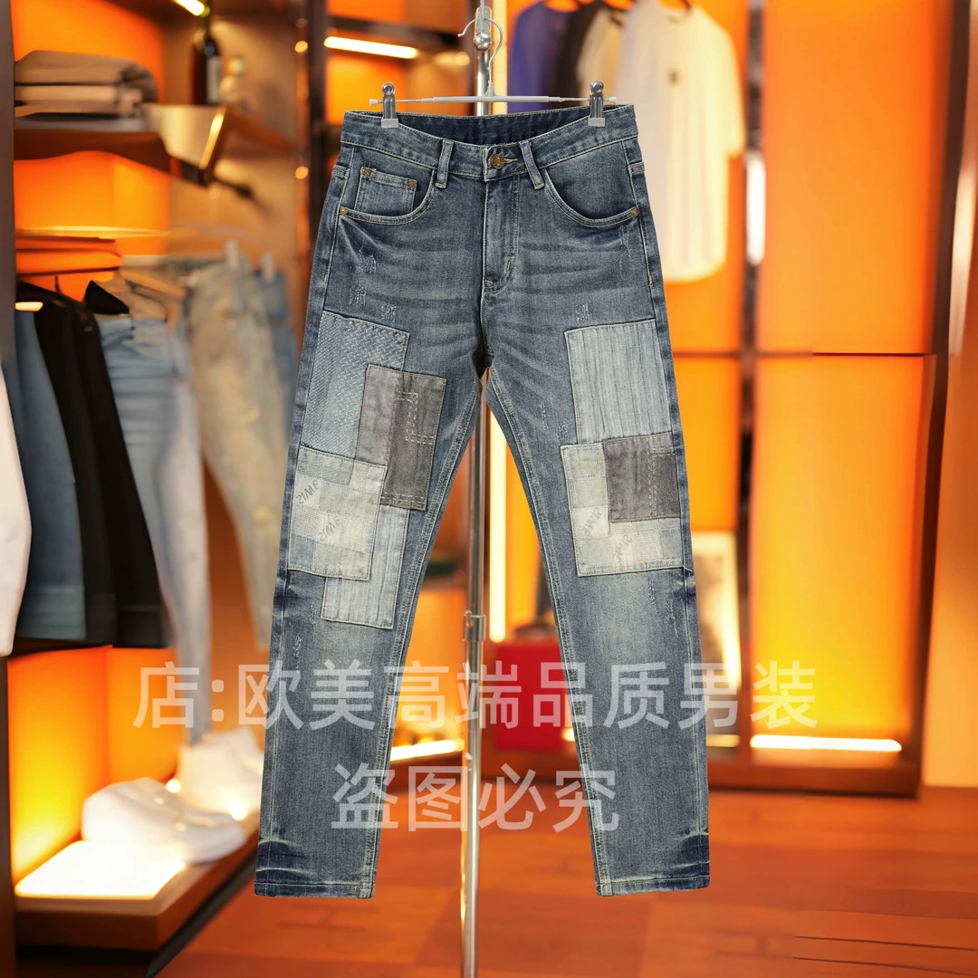 轻奢原创高端美式男士牛仔裤复古怀旧蓝色拼接个性修身弹力潮休闲