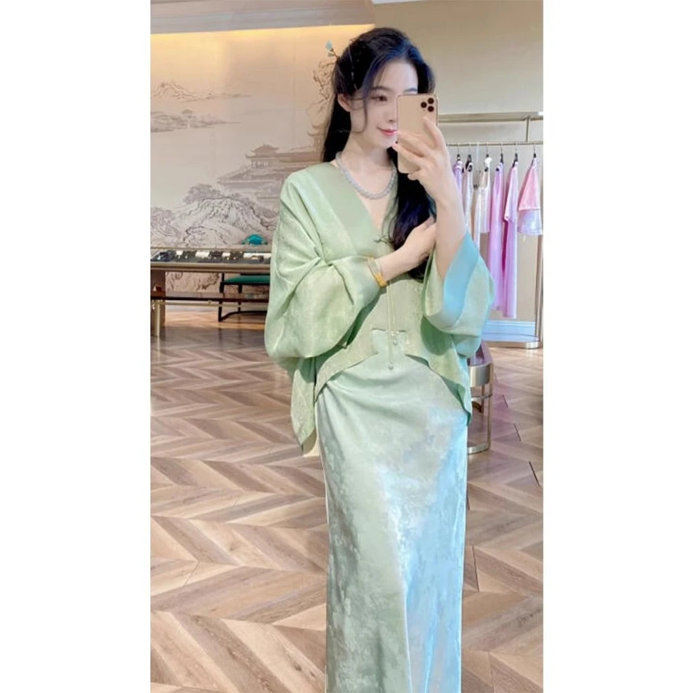 新中式女装轻国风禅意盘扣绿色上衣吊带连衣裙套装女2024新款夏季