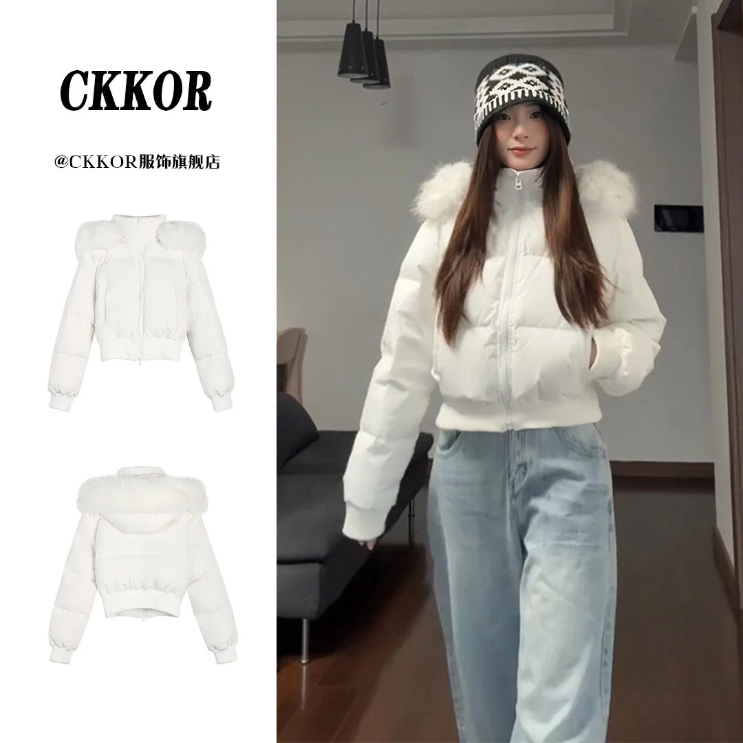 CKKOR毛领连帽保暖毛呢外套女冬季新款收腰显瘦派克服潮流休闲服