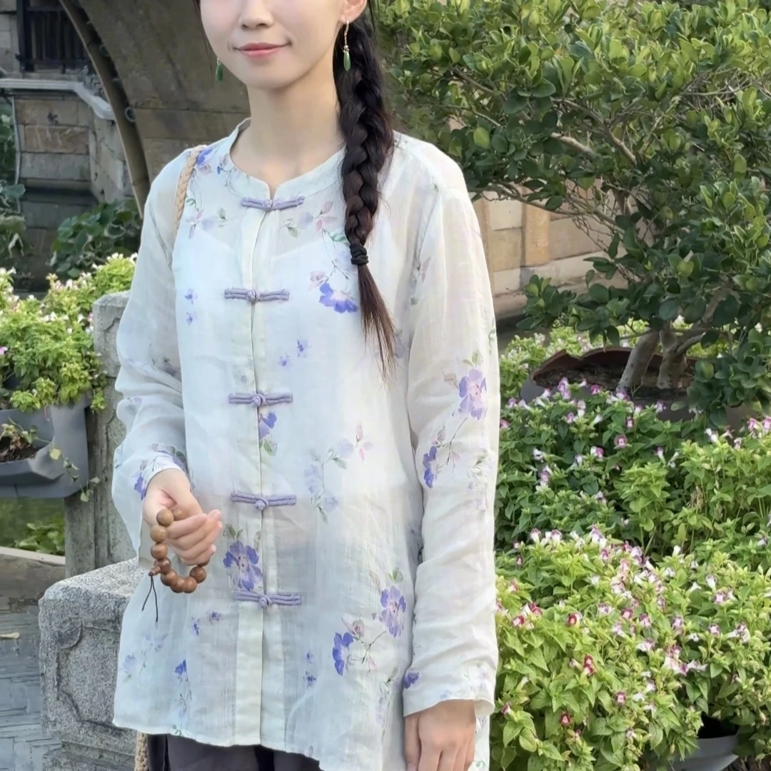 【紫丁香】中国风秋季女士苎麻印花衬衫 GY03