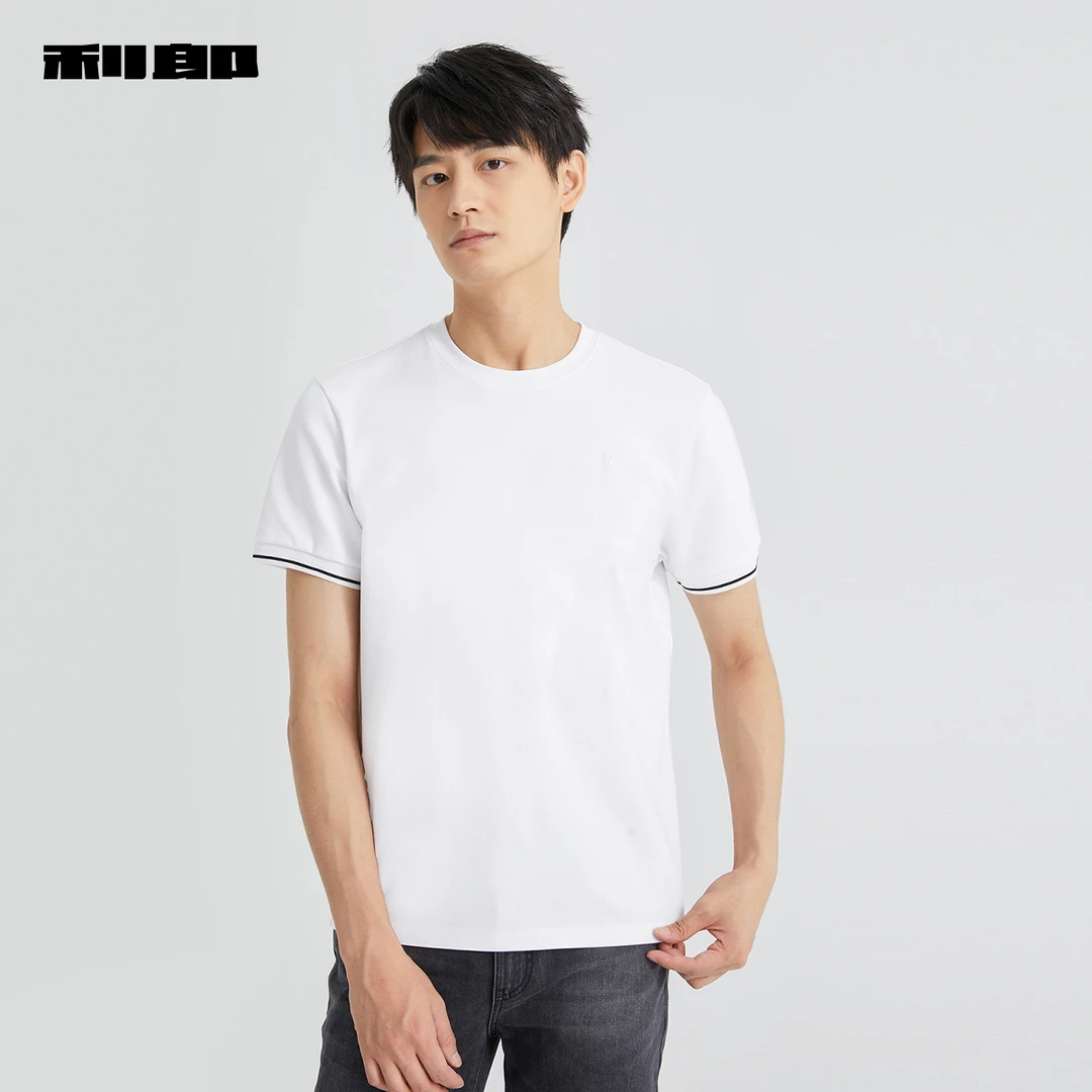 商场同款利郎官方 短袖T恤男士休闲圆领撞色袖口印花2025夏季新款