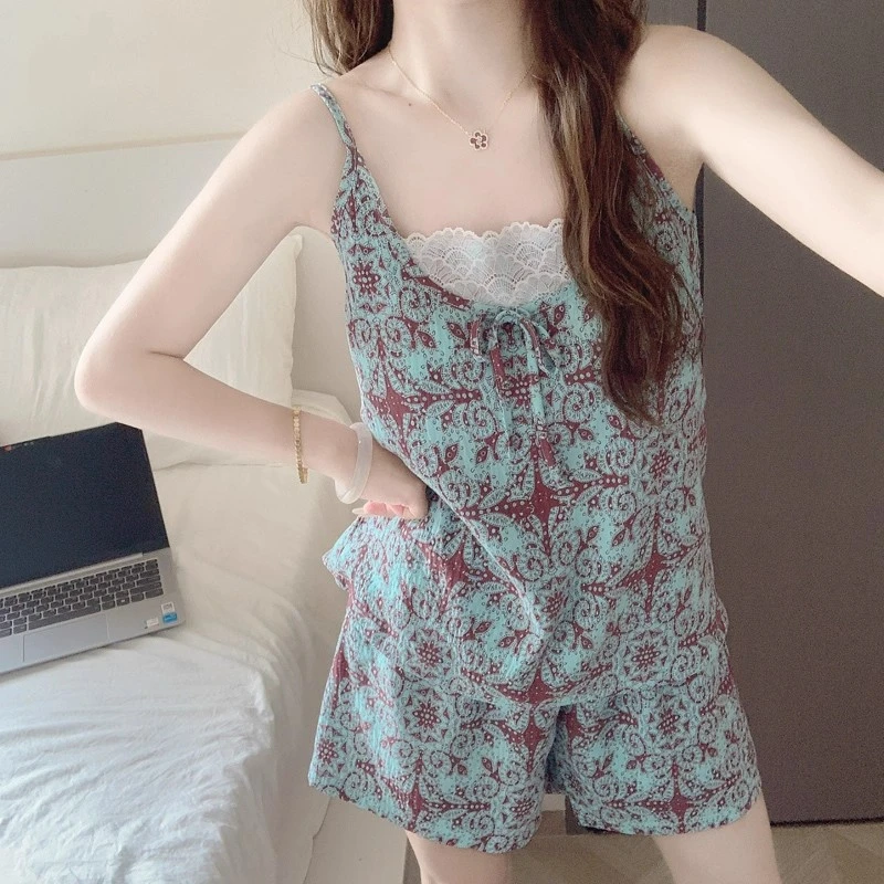 甜美蕾丝云朵棉睡衣女款夏季带胸垫吊带背心短裤度假风家居服套装