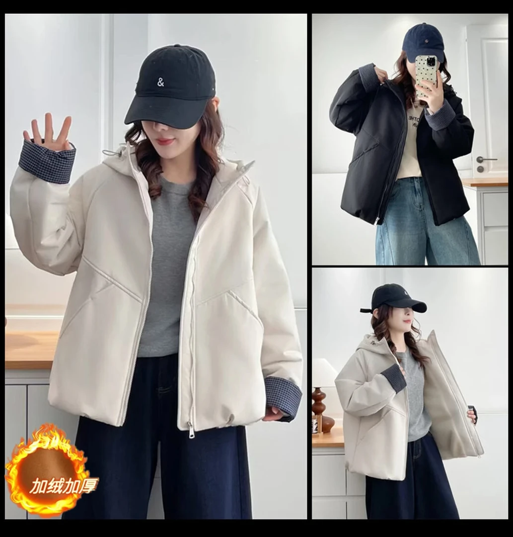 大码女装冬季显瘦加绒加厚连帽棉衣百搭宽松毛毛绒派克棉服外套