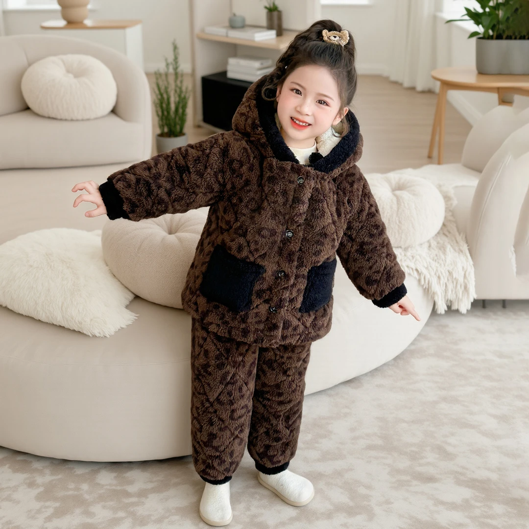 女童三层夹棉家居服冬季女孩豹纹公主加厚睡衣女宝宝珊瑚绒套装冬