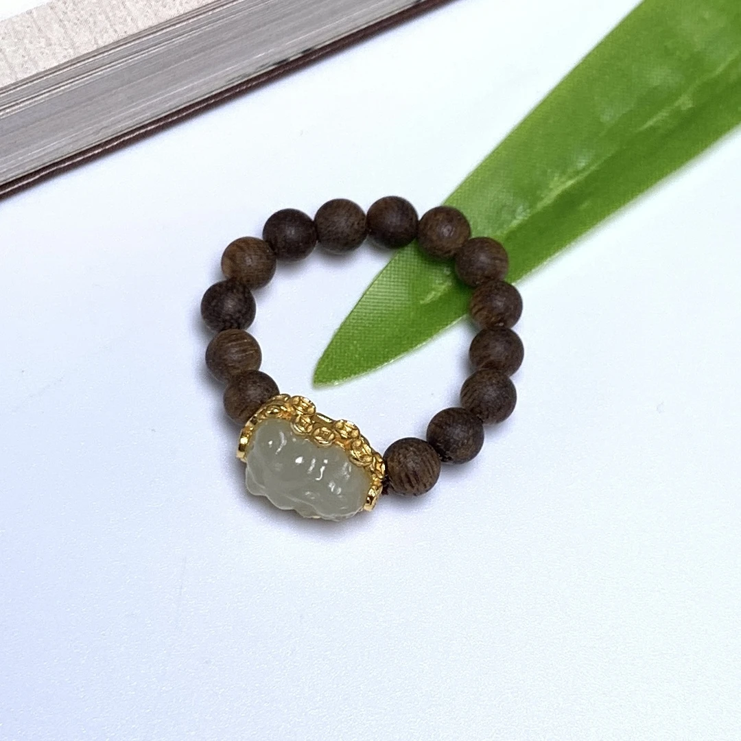 沉香【天禧】越南芽庄白奇楠0.4金丝虎斑单圈戒指设计沉水款