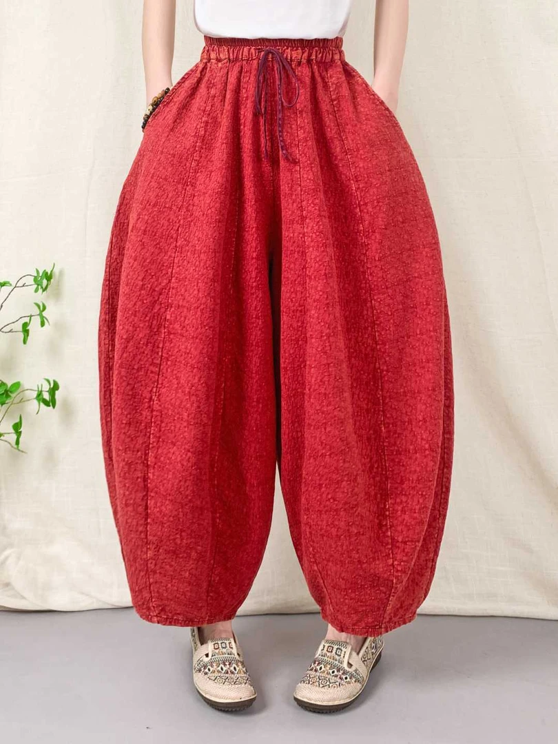 花苞裤南瓜裤文艺复古高腰百搭重工炒色透气休闲裤夏季多巴胺穿搭