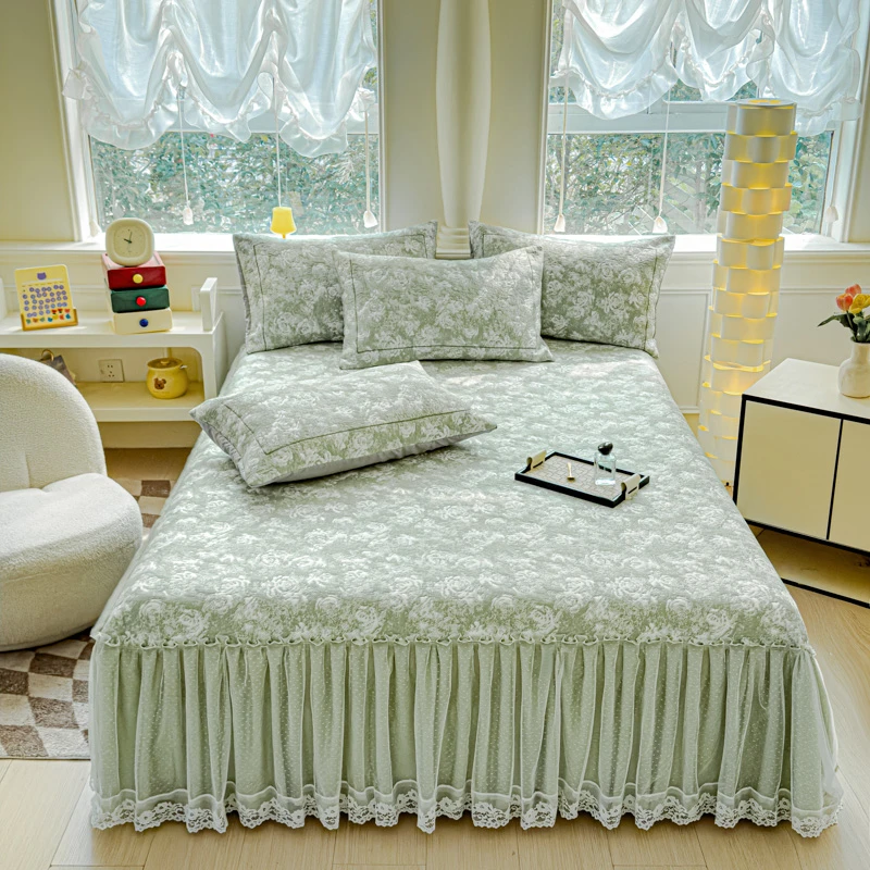 2025新款A类3D立体冰豆豆双层蕾丝玫瑰床裙款凉席可机洗凉席床单