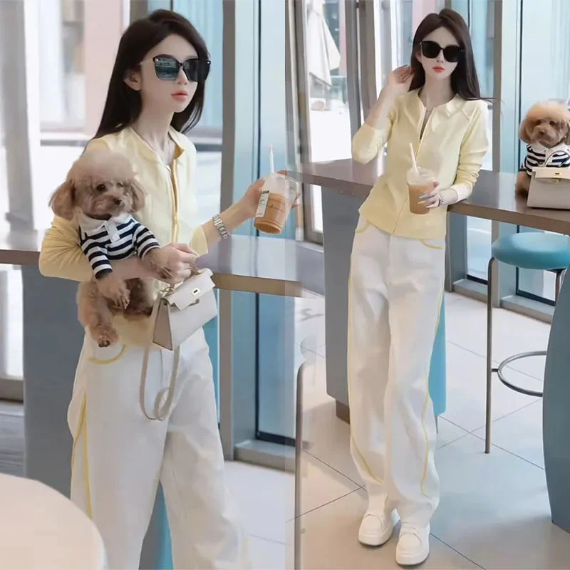 休闲时尚撞色网红炸街春秋装修身长袖上衣宽松阔腿裤炸街两件套