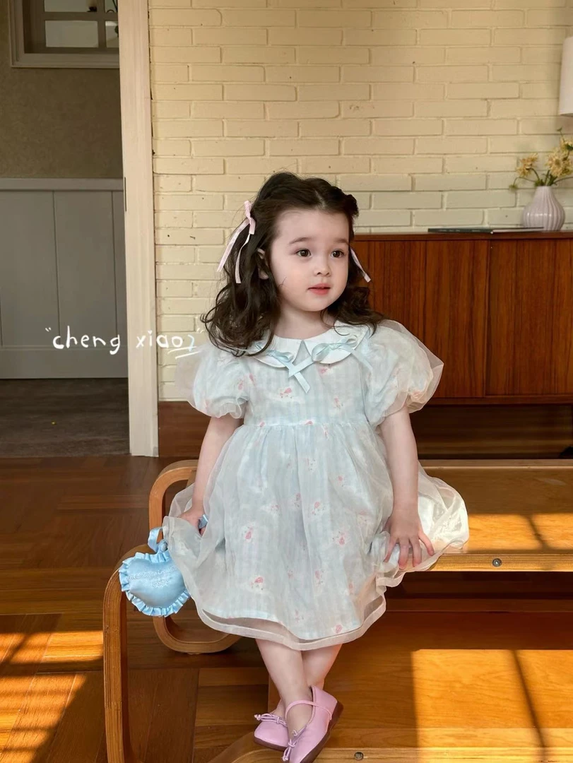（橙小7现货）女童蓝色卡通网纱连衣裙（CXQ-5235-夏A）
