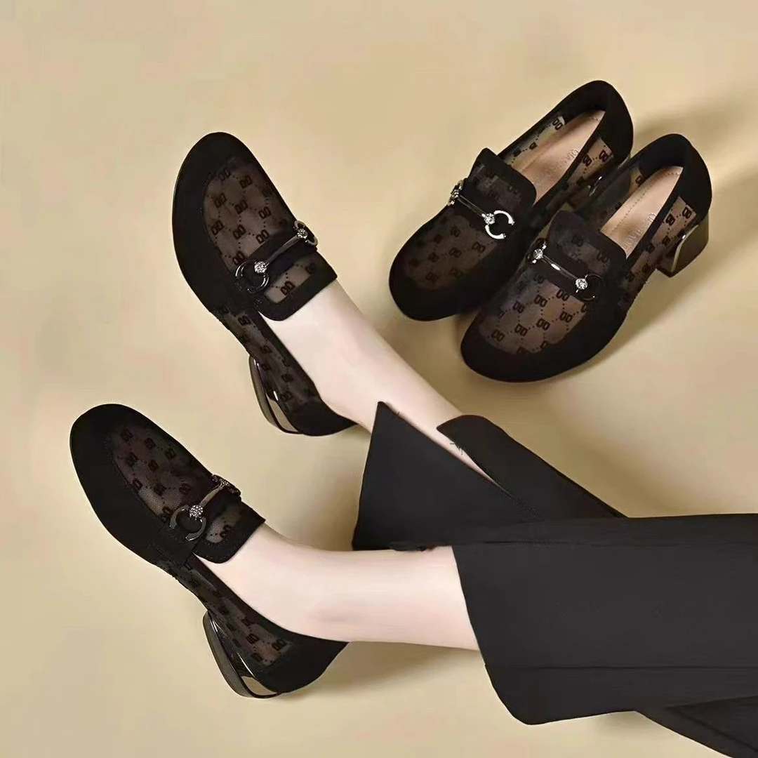 【撤柜】2025新款夏季网纱女镂空乐福鞋女低跟软底圆头透气妈妈凉鞋