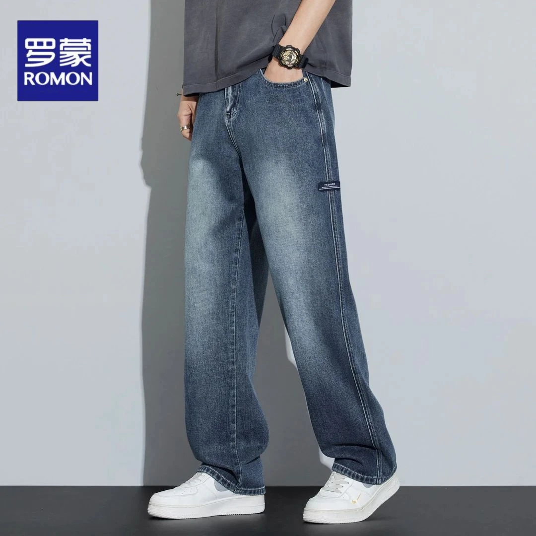 罗蒙秋冬新款潮流牛仔裤男士宽松直筒阔腿裤显瘦百搭简约长裤男款