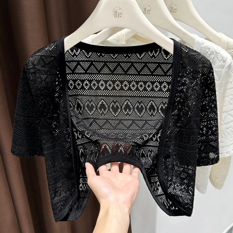 黑色防晒蕾丝披肩女配吊带裙外搭短袖镂空上衣夏季薄款修身小开衫