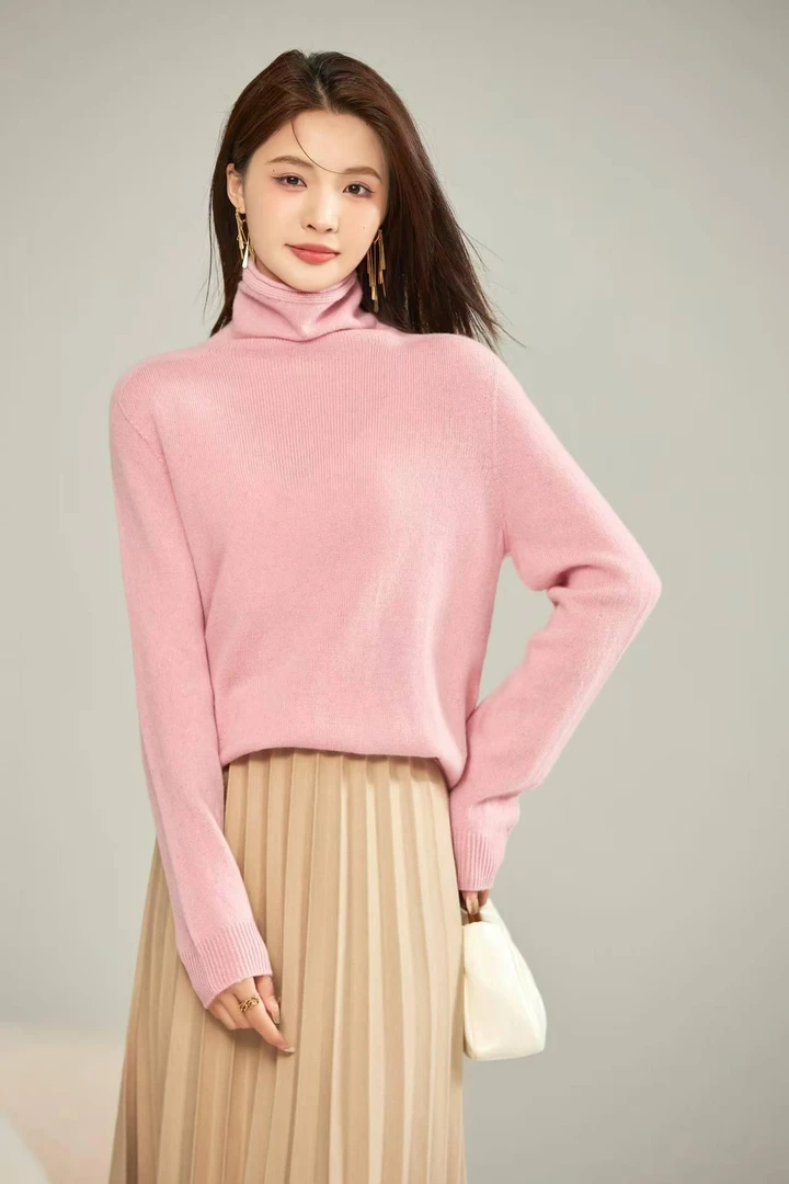 125-【外贸工厂】100%羊毛女款纯色毛针织衫-9905粉色