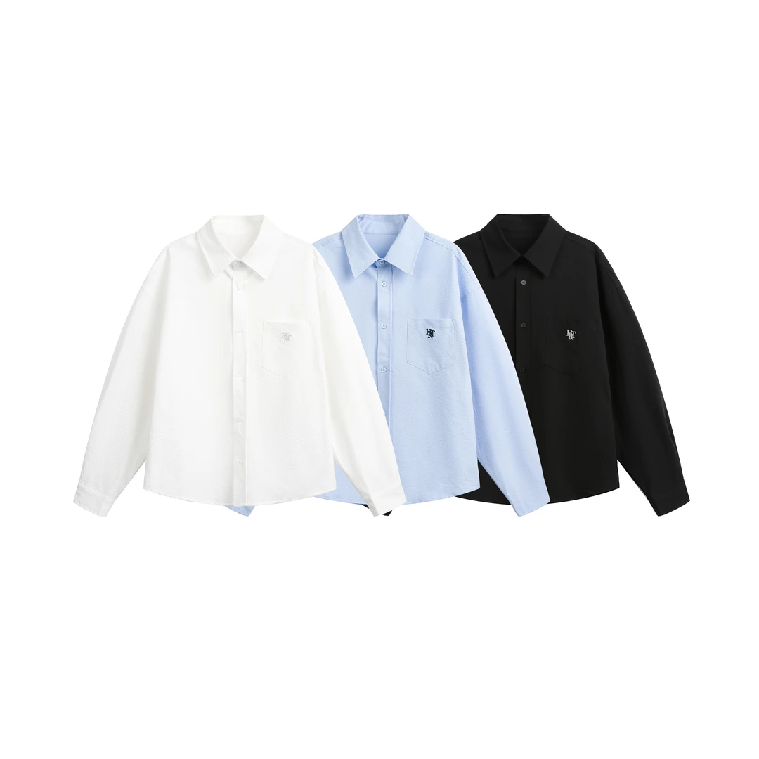 设计感口袋刺绣宽松肌理感面料衬衫男休闲长袖衬衣-1109