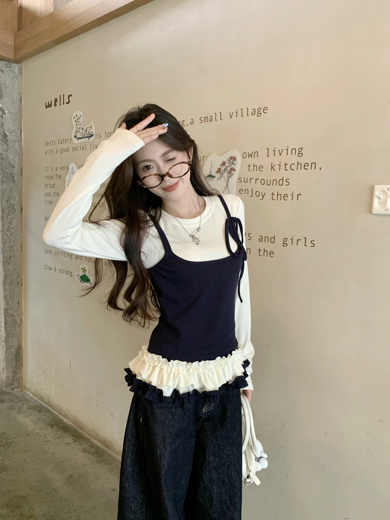 韩版甜美荷叶边拼接假两件长袖t恤秋冬设计感修身内搭打底衫上衣