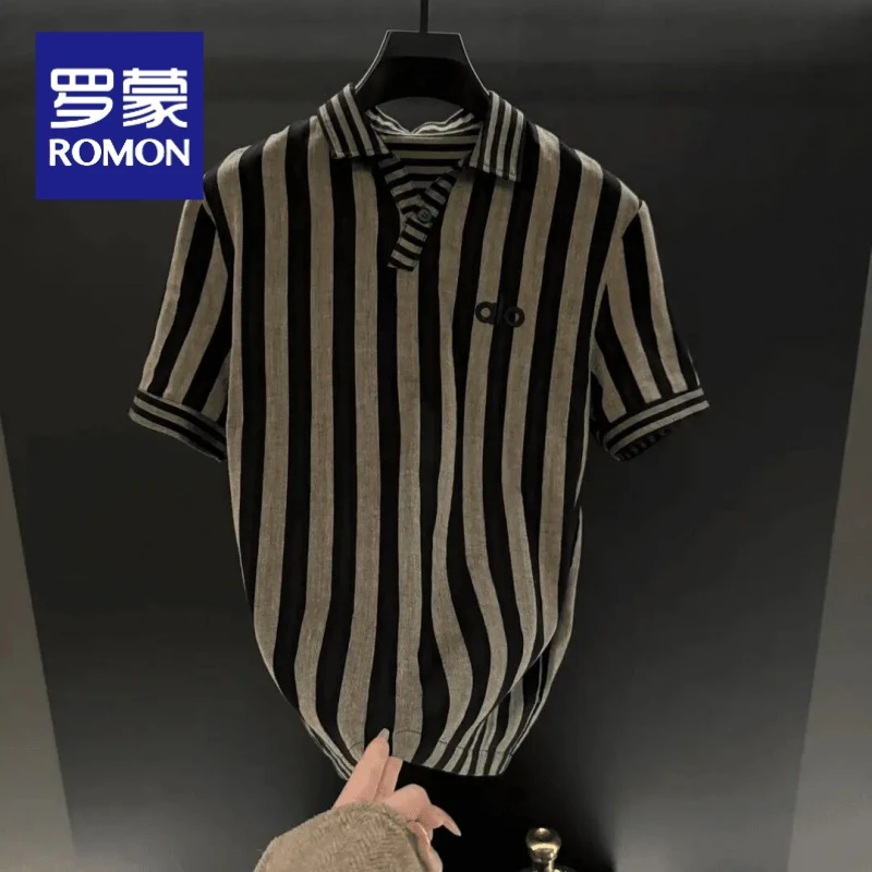 罗蒙商务休闲条纹polo衫夏季2025新款报端短袖时尚帅气韩版翻领男