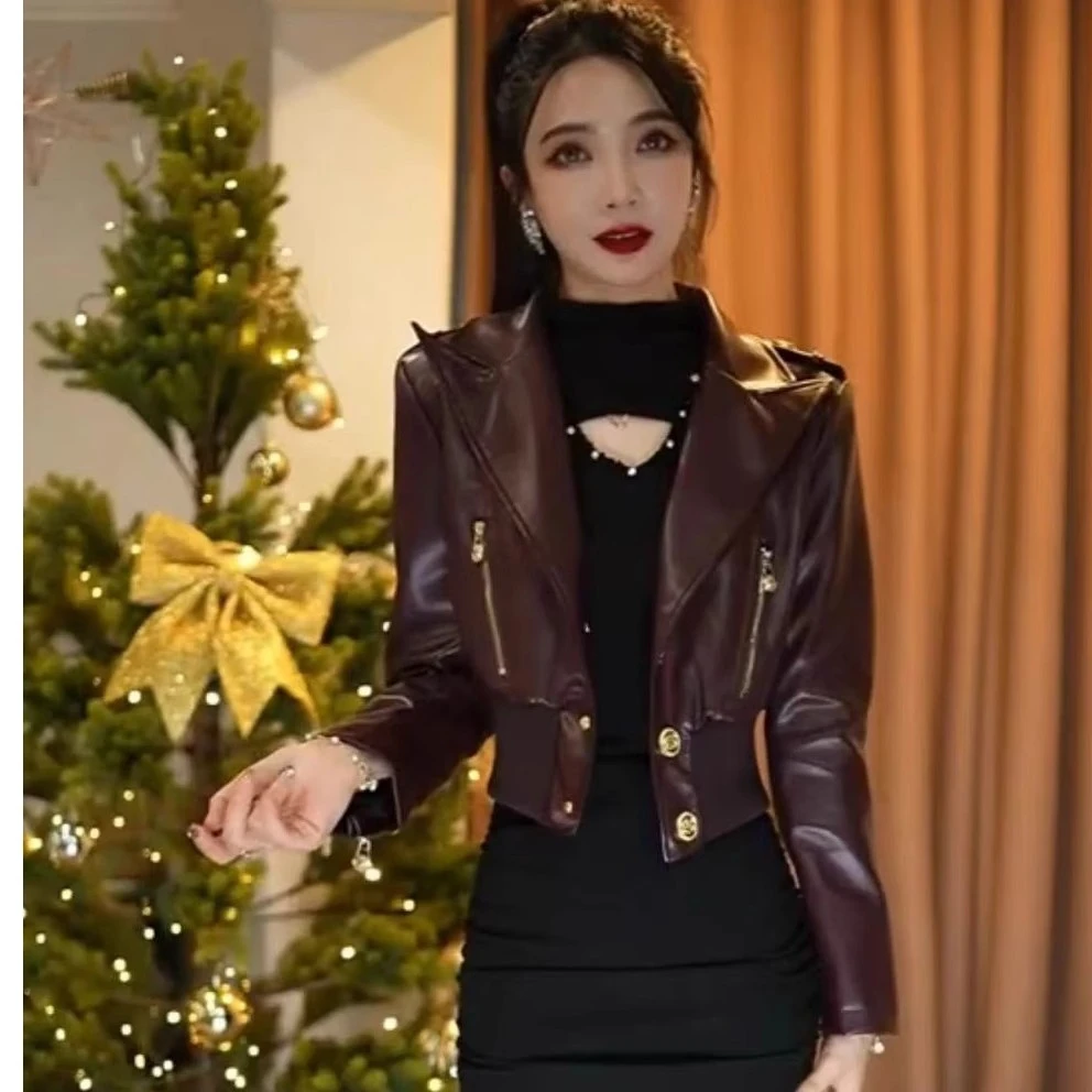 韩版气质拉链翻领收腰皮衣女士2025春季小众独特时尚百搭显瘦上衣