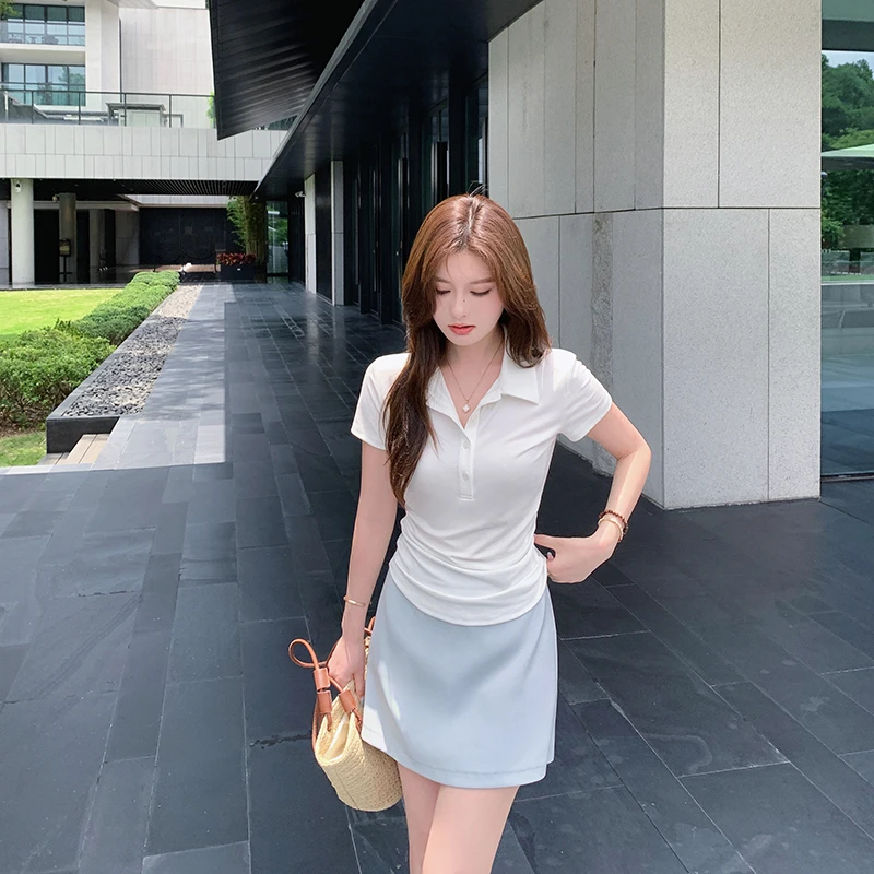 林关关【运动派少女】莱赛尔天丝polo领T恤女夏短袖修身收腰上衣