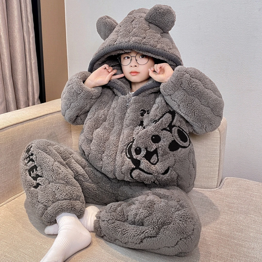 法兰绒男童睡衣冬季三层夹棉儿童加绒加厚连帽卡通保暖洋气家居服