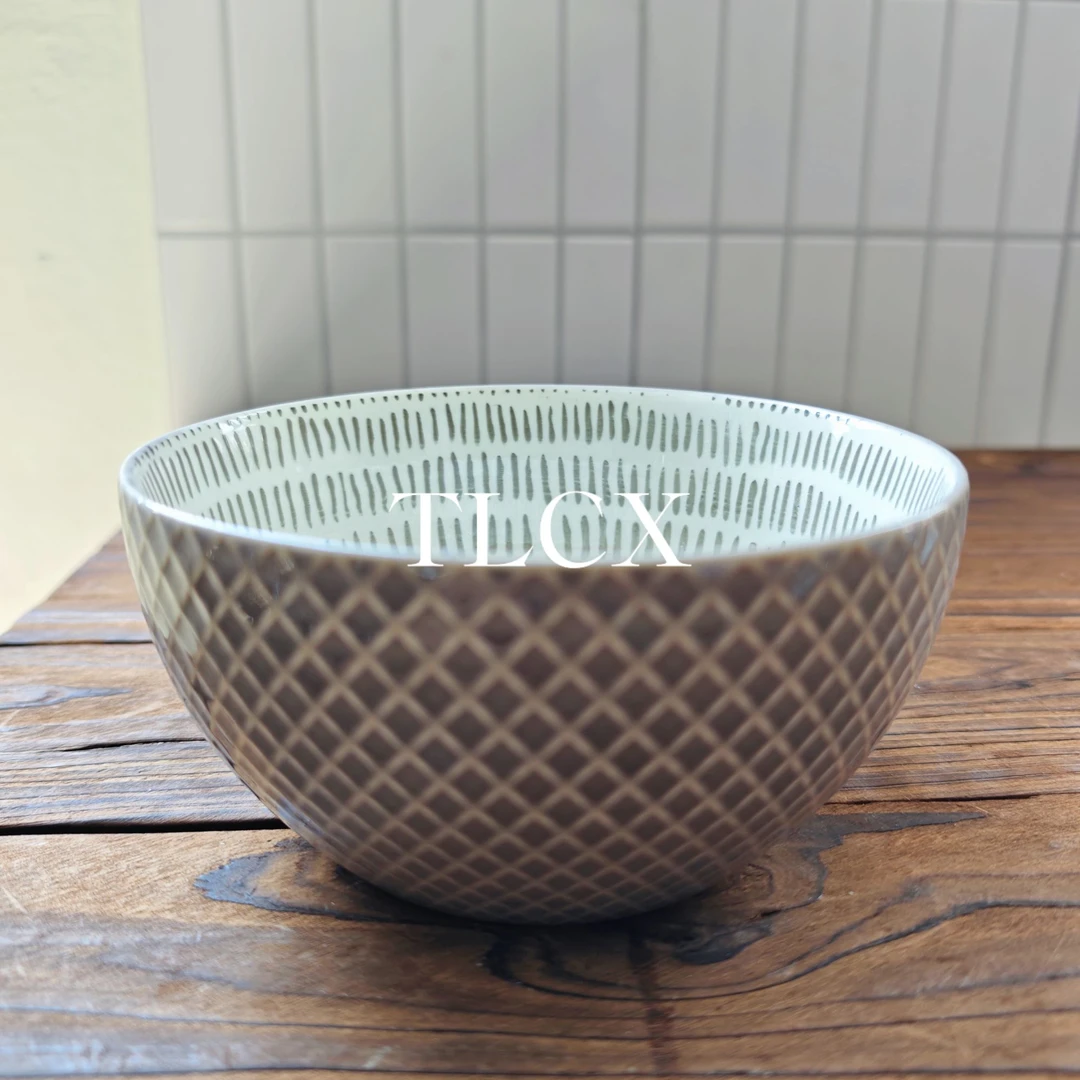 【TLCX 外贸原单】灰色线条纹6英寸菱格纹浮雕满花面碗