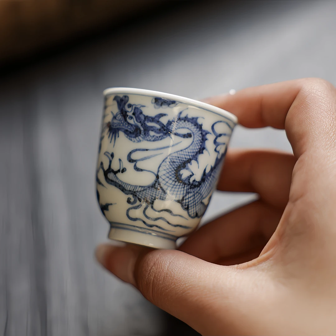 茶圈大魔王茶器景德镇纯手绘【元岚堂】元青花薄胎龙纹铃当杯45cc