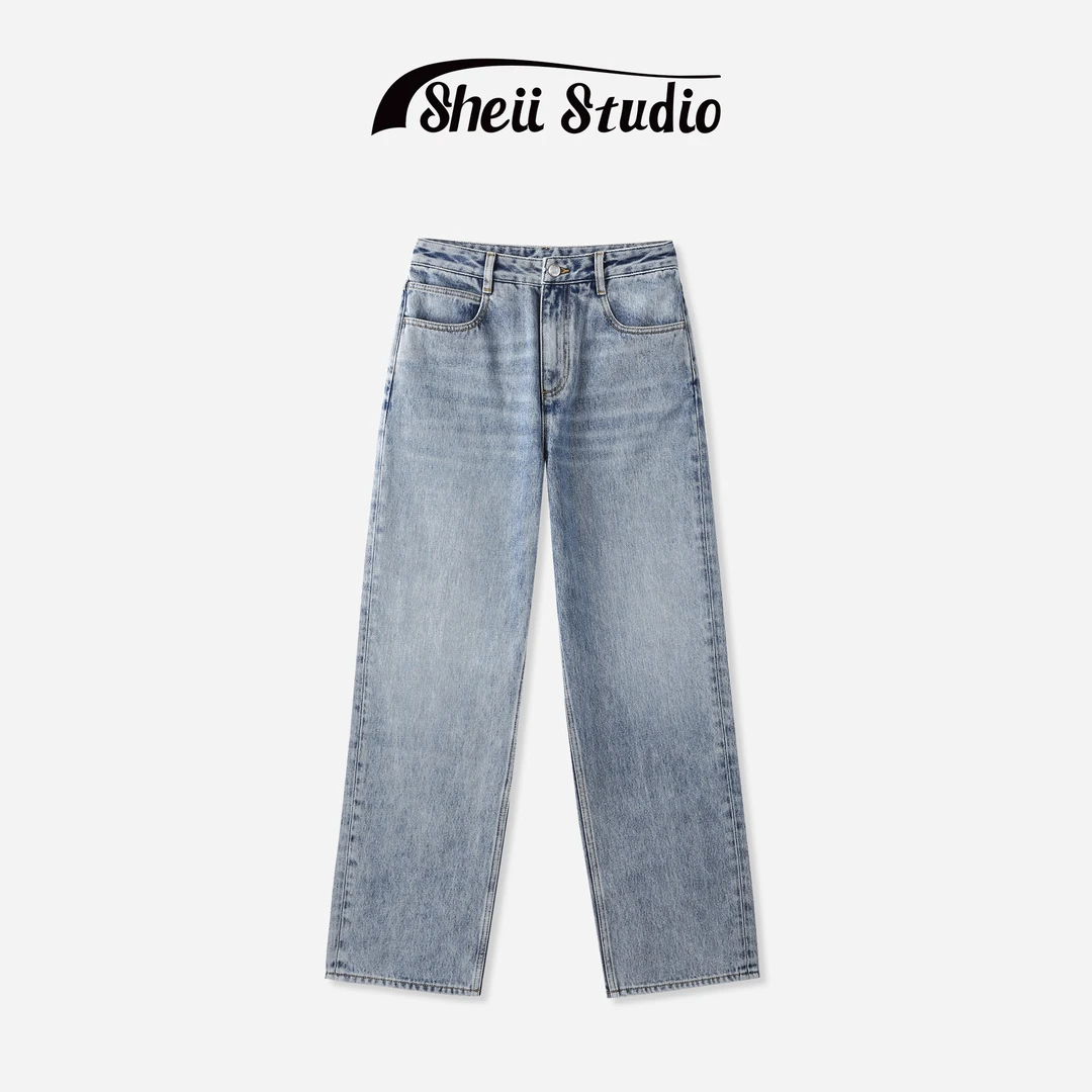 【苏茵茵】复古靛蓝色水洗 高腰直筒牛仔裤 M4121028