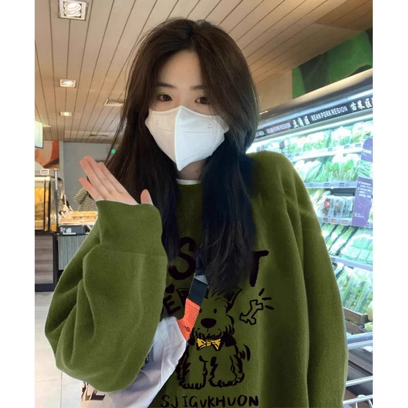 【帝韵】美式复古趣味小狗印花卫衣女秋冬2025新款加绒加厚宽松上衣