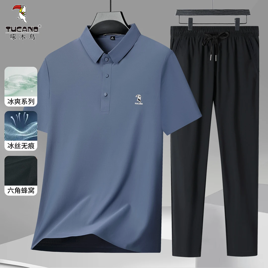 【冰丝套装】啄木鸟中老年休闲短袖Polo衫男爸爸装弹力冰丝长裤
