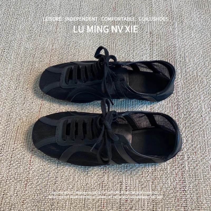 羊皮版~2025新款法式网面透气平底系带百搭休闲夏季网面透气德训