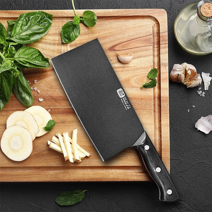 钨钼粉末钢中式切片刀高硬度正宗耐切家用菜刀67±2HRC黑彩木刀柄