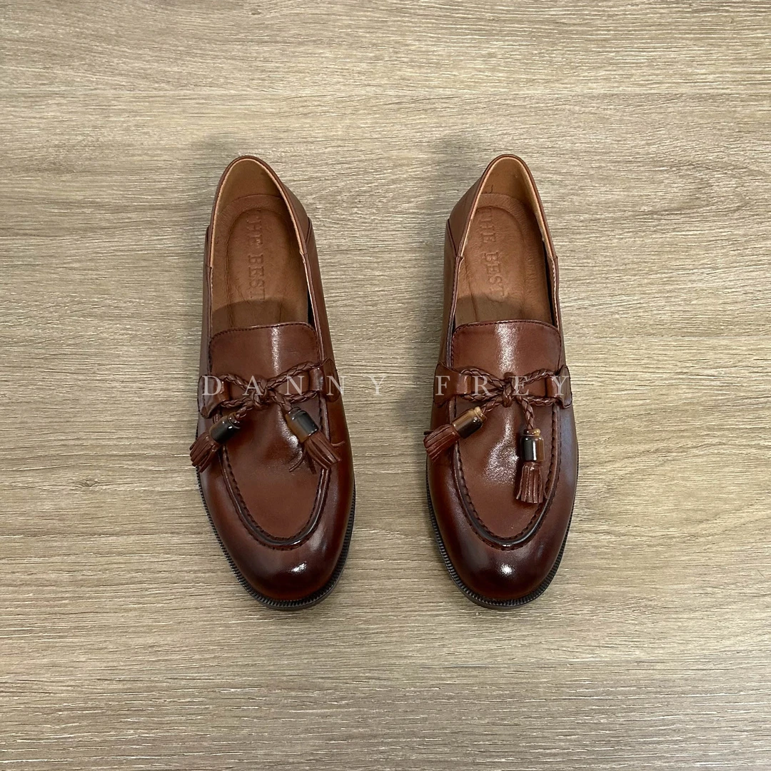 Dannyfrey手工编织蝴蝶结复古英伦风流苏老钱风一脚蹬乐福鞋3.3CM