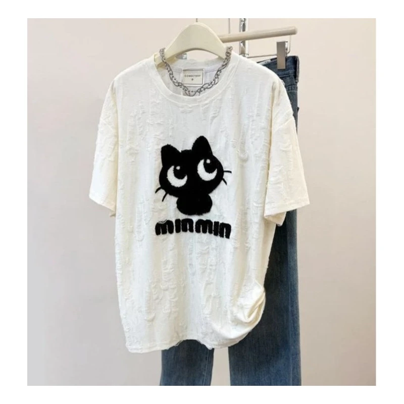 破洞宽松显瘦上衣大码女装夏新款减龄卡通数码印花圆领短袖t恤女