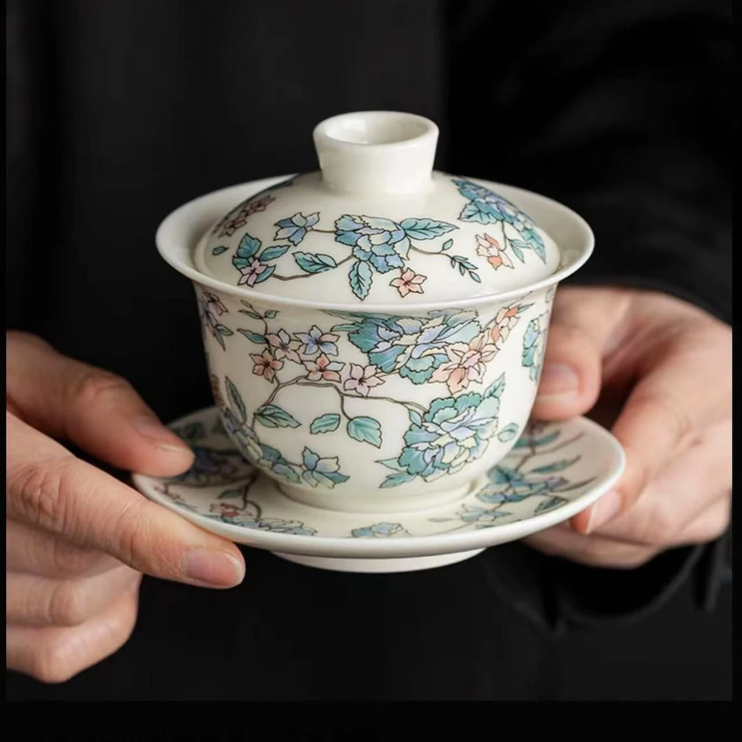 山茶花三才盖碗1880手工手工复古家用家用陶瓷中式大号手绘带盖