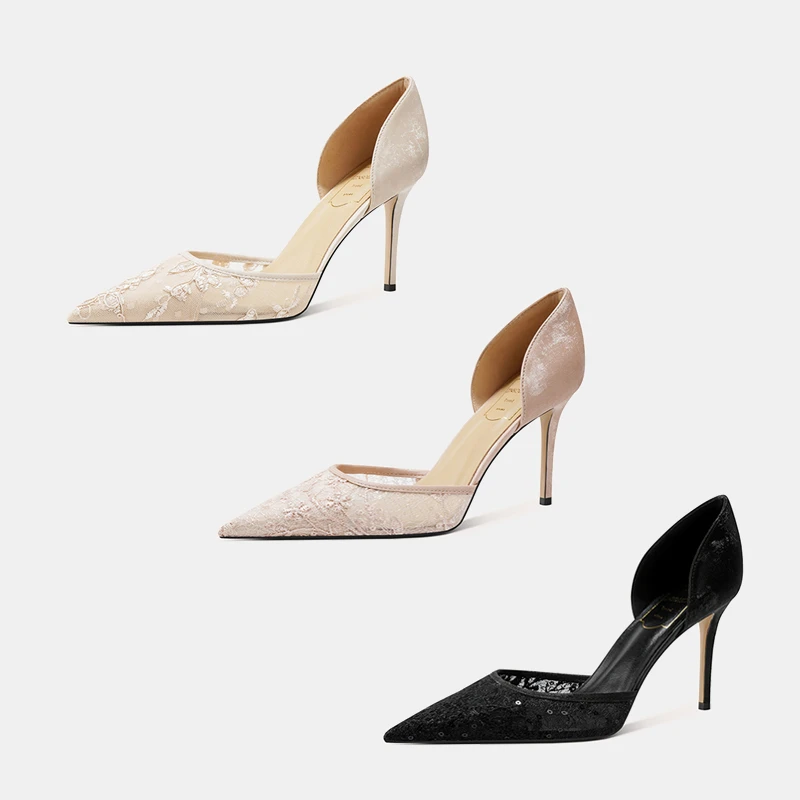 尖头高跟气质时装凉鞋女细跟性感轻奢浅口优雅时尚蕾丝宴会单鞋