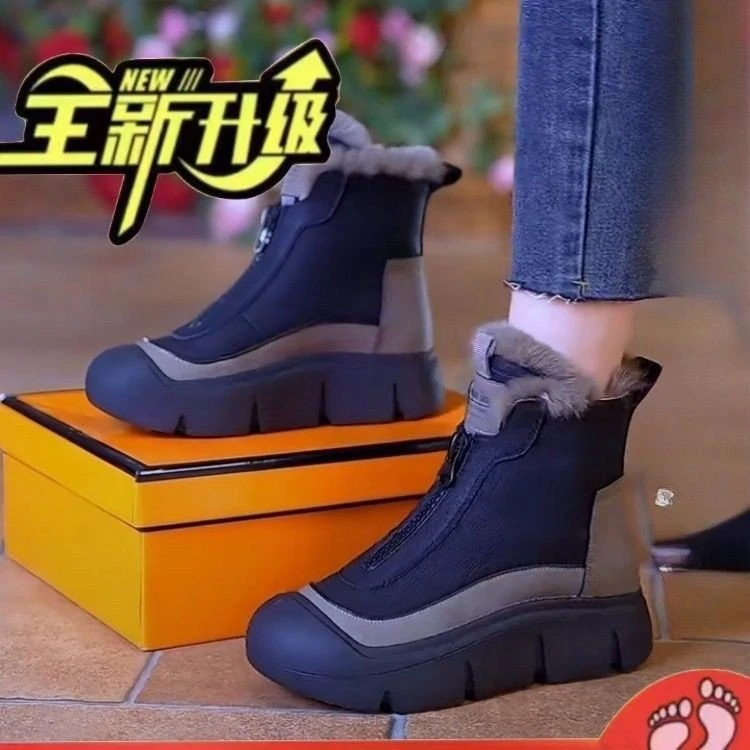 厚底前拉链毛边雪地靴女2025年冬季新品时尚舒适休闲保暖棉靴