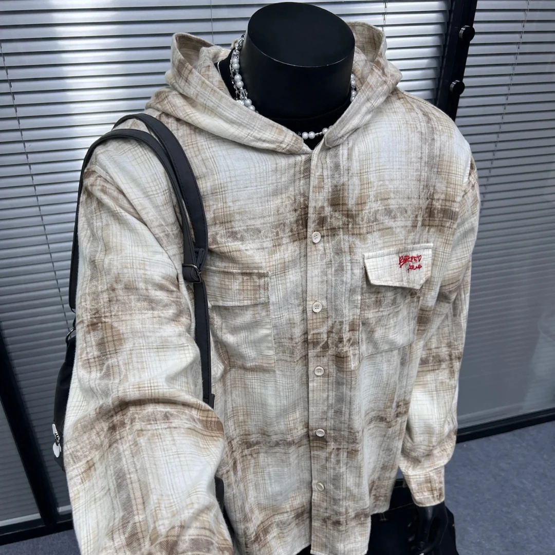 C24#某宝一张半！做旧格纹连帽衬衫男女小众设计感宽松百搭衬衣