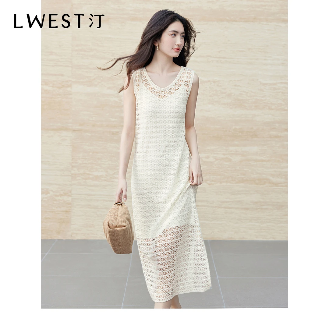 朗文斯汀2025夏季新款无袖直筒开叉镂空蕾丝连衣裙DTYL5203A03152