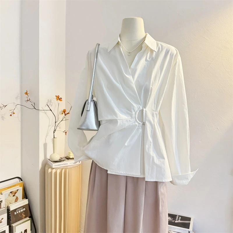 小众设计感收腰白色长袖衬衫女2025春季法式通勤衬衣气质小衫上衣