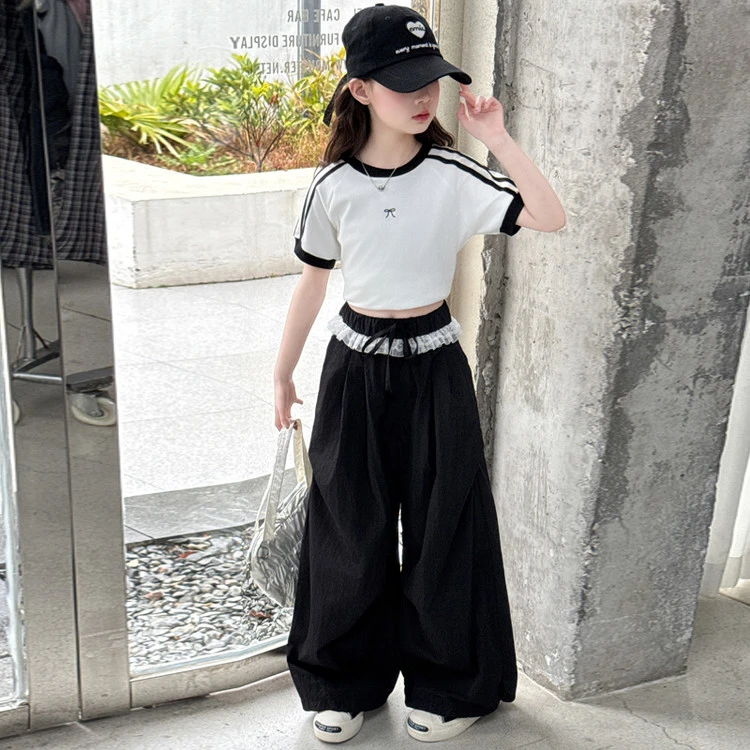 女童夏季新款韩版时尚百搭短袖T恤宽松阔腿休闲裤两件套中大童潮