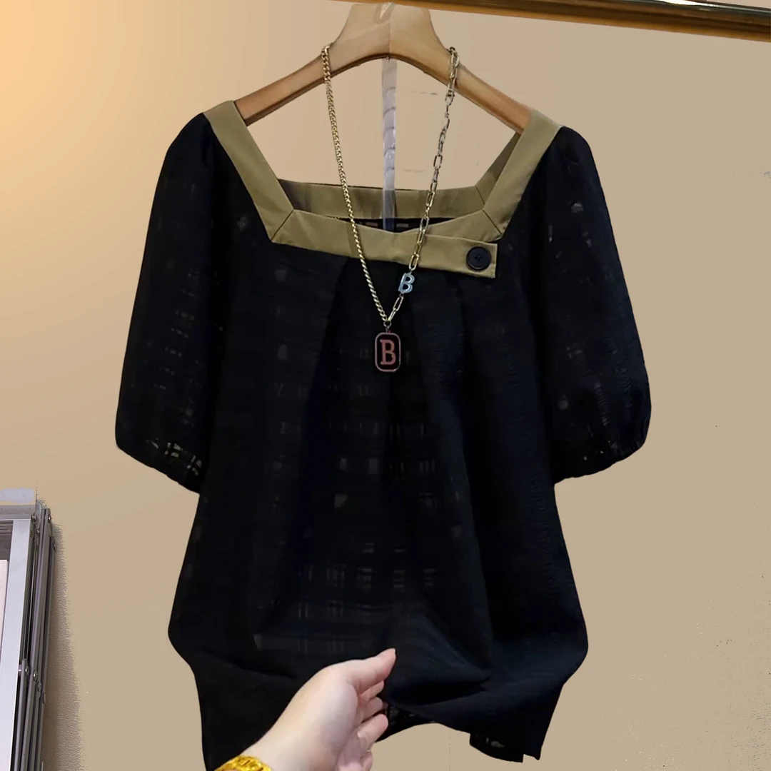 夏季大码女装胖妹妹黑色拼接方领大版遮肉宽松百搭显瘦半袖上衣