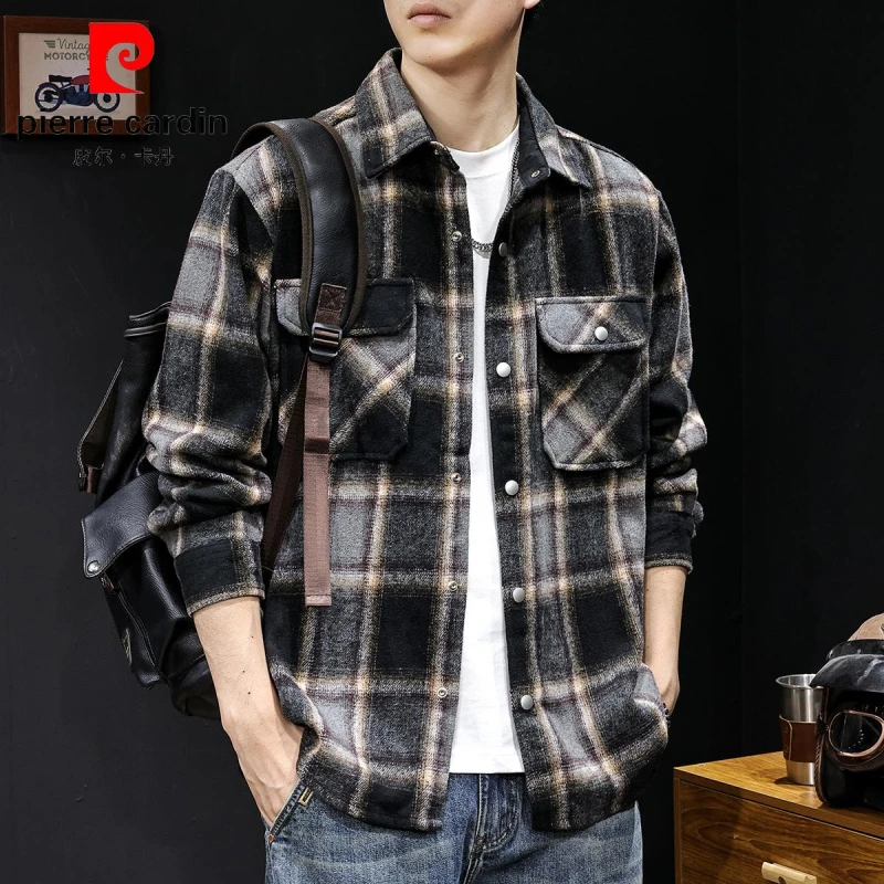 皮尔卡丹磅加厚格子衬衫新款秋冬款休闲工装衬衣男士外套长袖衣服