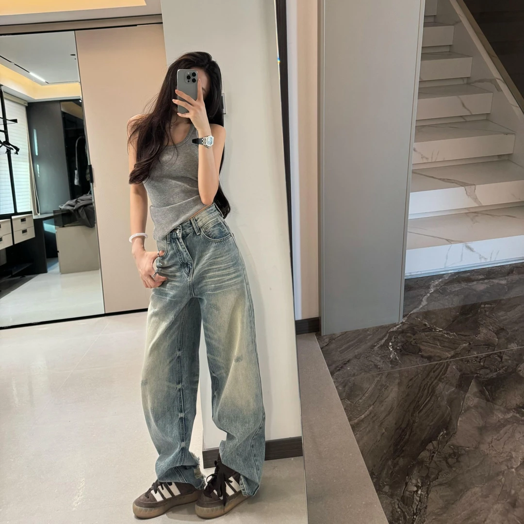 2025春季新款高级气质灰色显瘦背心简约复古设计感水洗牛仔裤套装