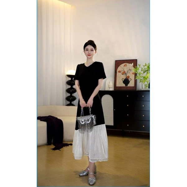 2025气质V领中国风拼接夏季夏装连衣裙拉链晚礼服显瘦黑色时尚