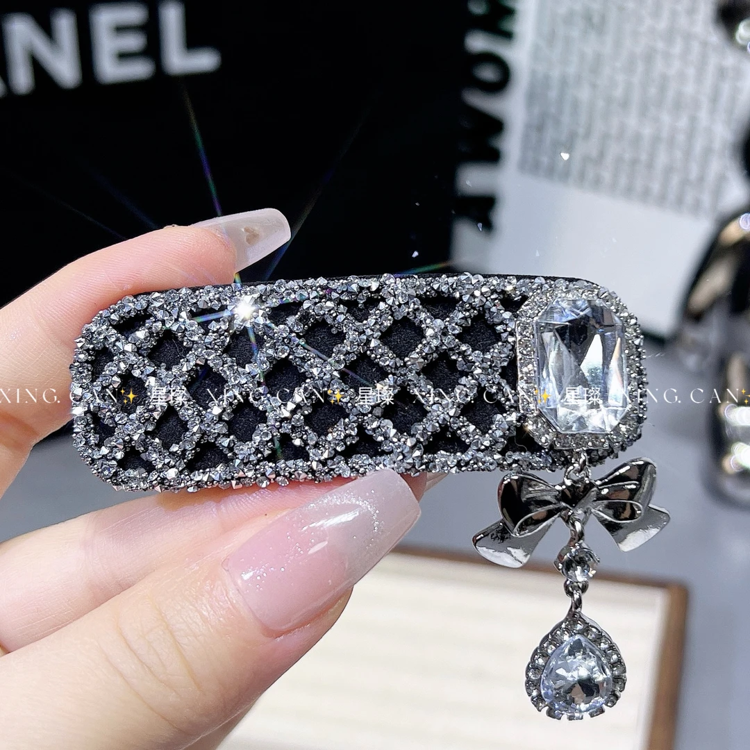 银色菱形纹女边夹森系民族风头饰黑色钻发夹满钻BB夹气质刘海夹